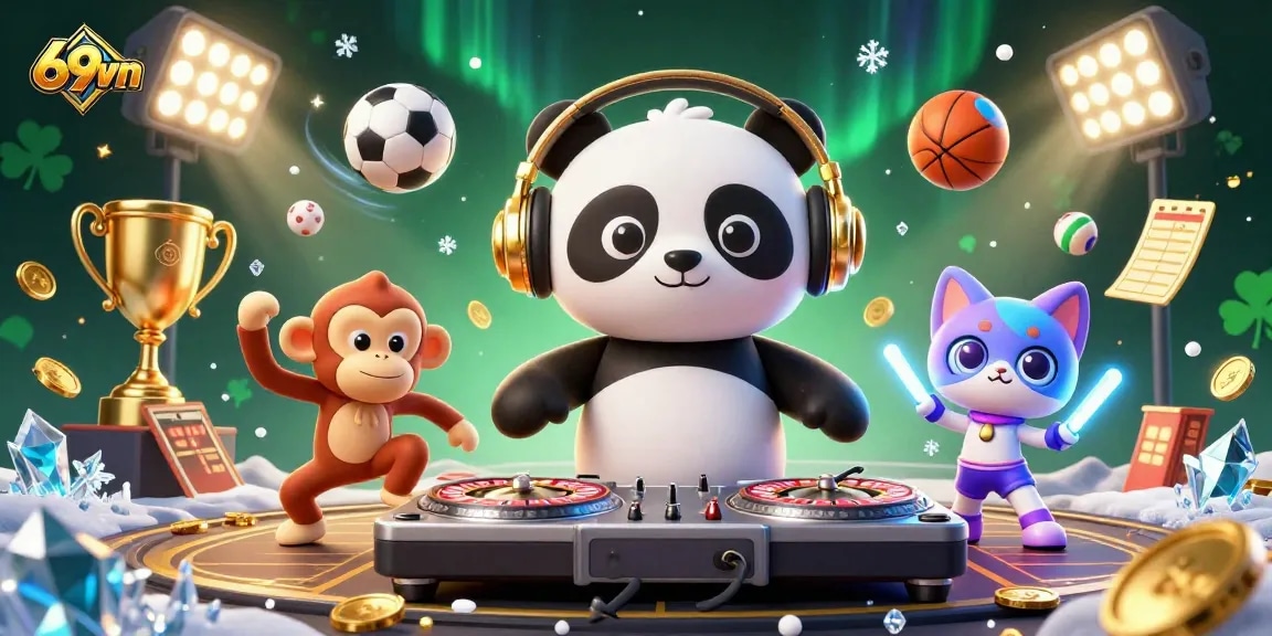Engage in the excitement of 69vn with a vibrant 3D casino scene featuring a DJ panda and dynamic sports elements.