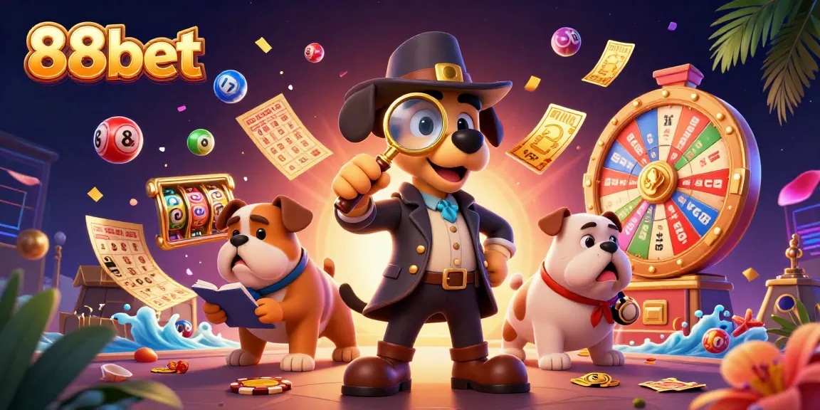 Join 88bet's thrilling adventure with a detective and bulldog uncovering gambling treasures.