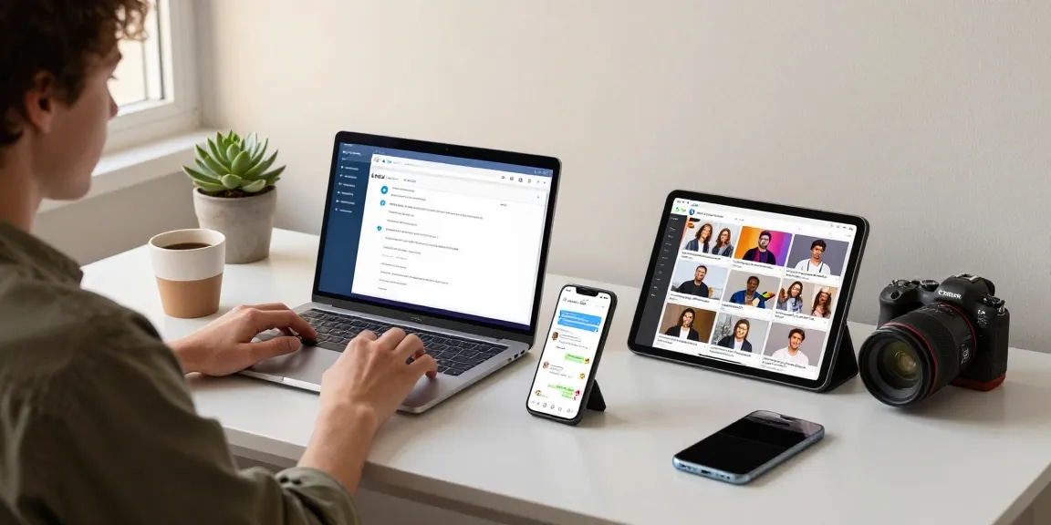Download Telegram interface on multiple devices in a modern workspace setup