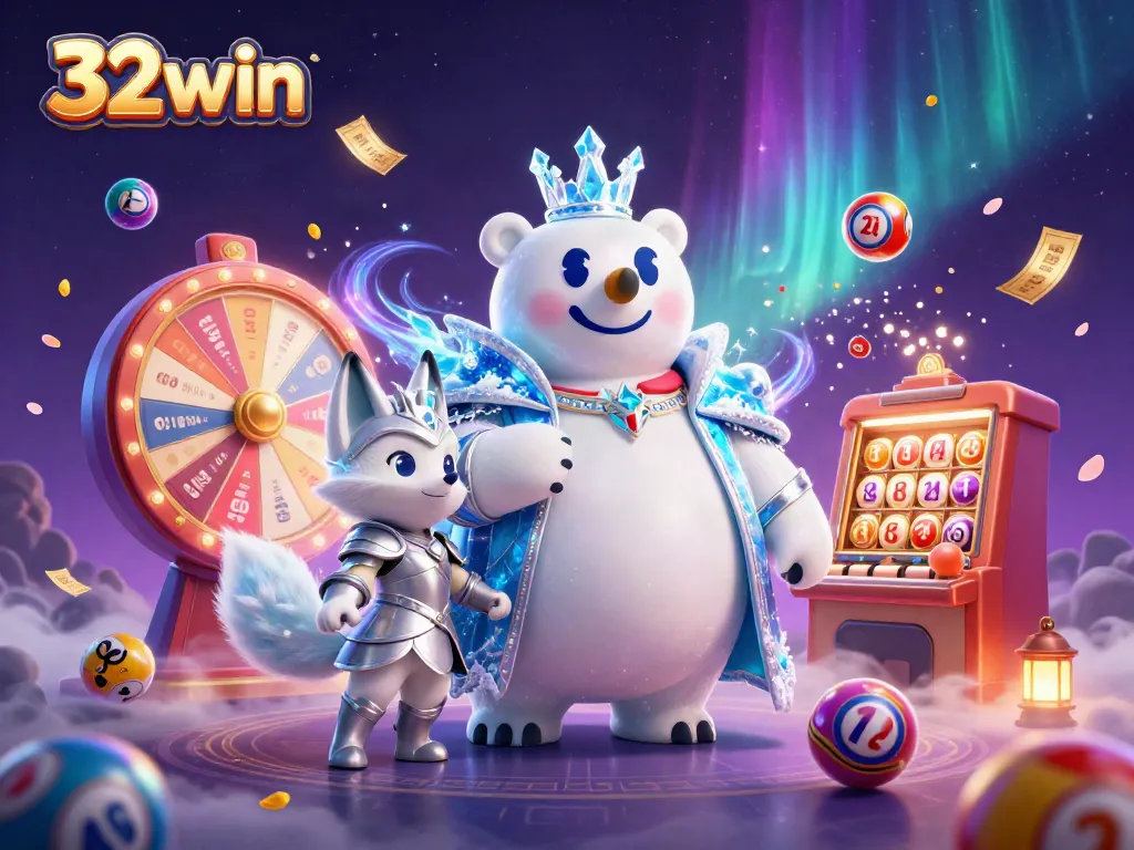 Experience the thrill of gaming with 32win's polar bear and fox in a vibrant casino atmosphere.