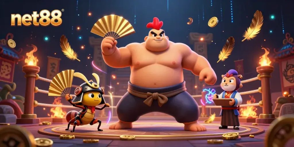 Engaging net88 gambling scene featuring a powerful sumo rooster, fierce cricket, and tanuki announcer surrounded by vibrant casino elements.