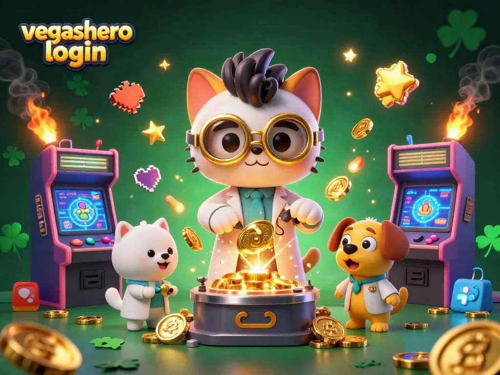 Experience immersive fun with vegashero login, featuring a wild mad scientist and dog in a colorful casino world.