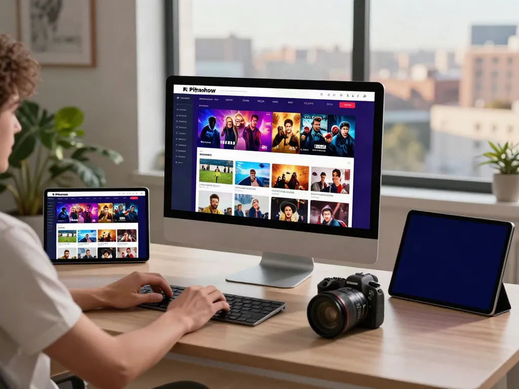 Pika show for desktop user streaming content on a vibrant monitor in a modern workspace.