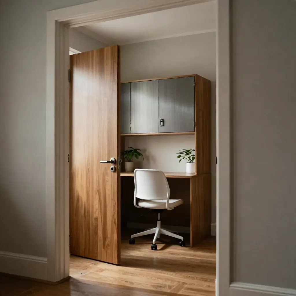 Compact privékantoor met halfopen deur, kast, stoel en plant in warm daglicht.
