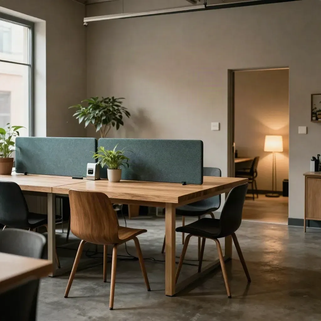 Lege coworkingruimte met lange tafel, stoelen, panelen, planten en zacht raamlicht.