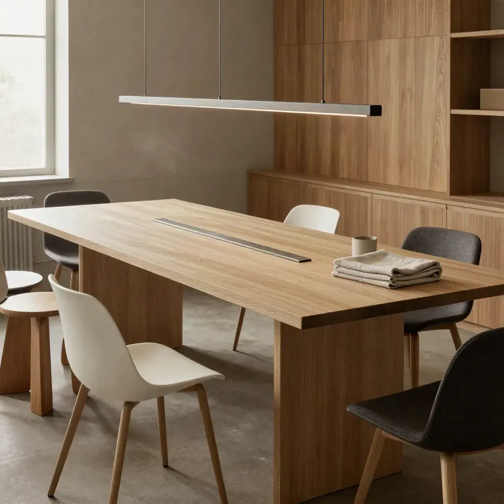 Flexibele gedeelde tafel met lege stoelen, lampen en stroomrail in een moderne coworkingruimte.