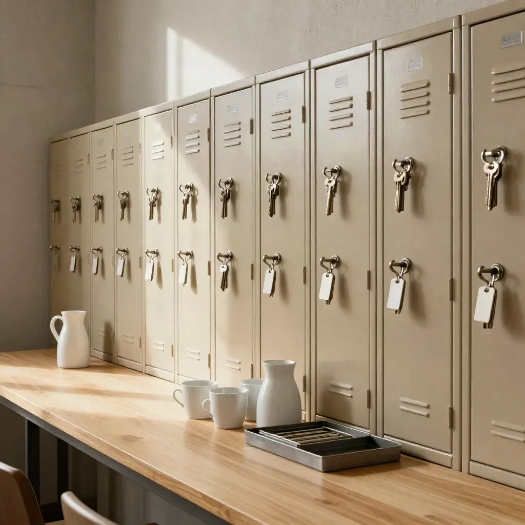 Lockers, keytags en mokken in een stille coworkinghoek met daglicht