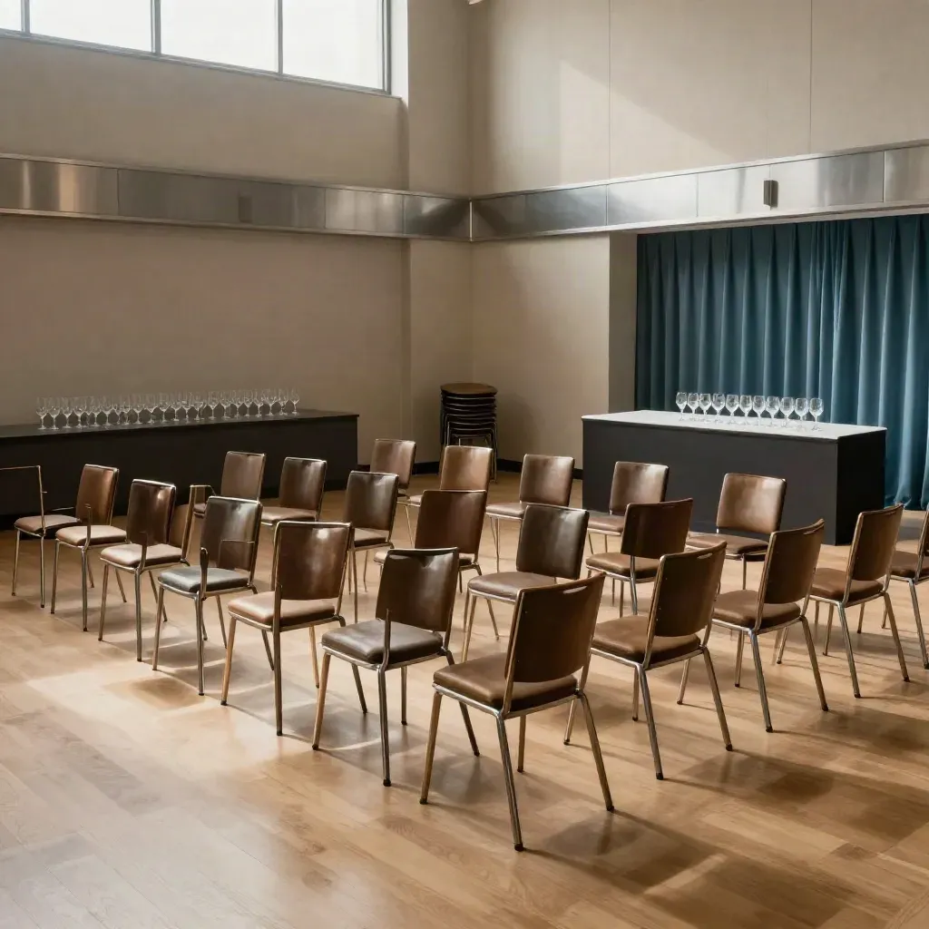 Lege evenementenruimte met 40 stoelen, presentatieruimte en glaswerk in rustig blauw licht.