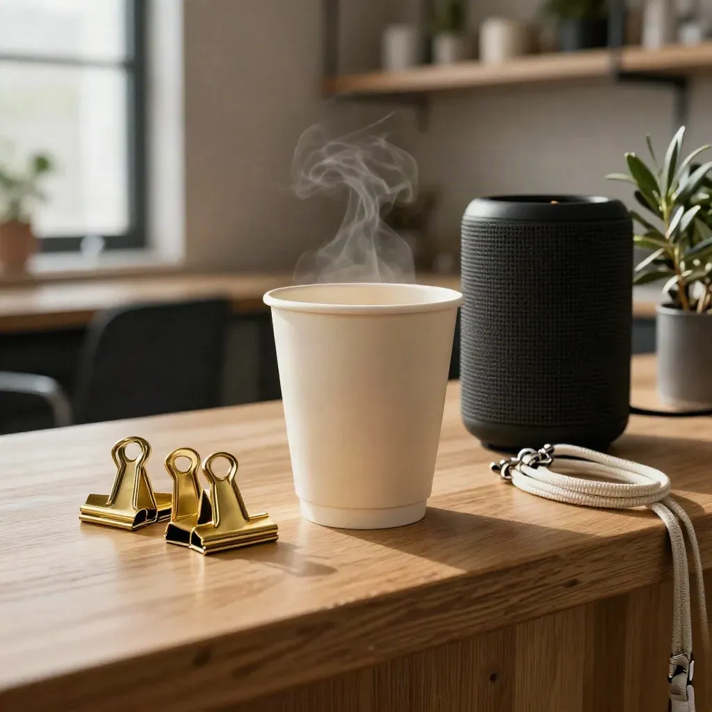 Eventkit met bekers, brass clips, speaker, kruidenplant en lanyardringen op eikenhout.