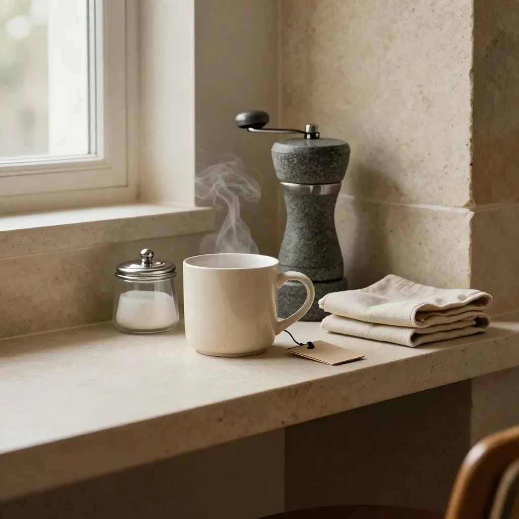 Koffiehoek in een coworkingruimte met mok, molen, suikerpot, tag en opgevouwen tote.