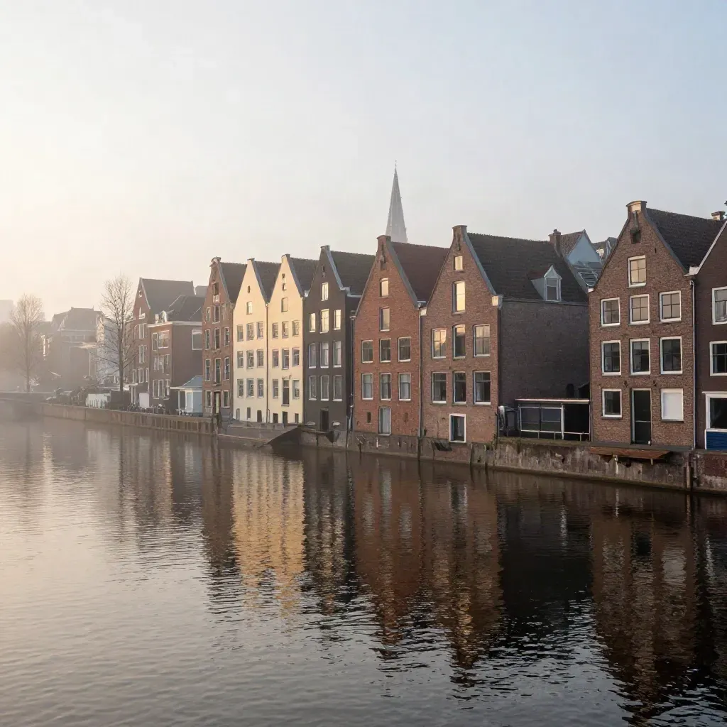 Amsterdamse skyline aan het water in zachte ochtendschemer met mist en rustig water
