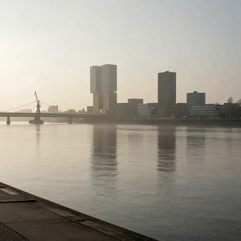 Rotterdamse skyline boven mistige Maas bij zonsopkomst, met rustige rivier en bruggen