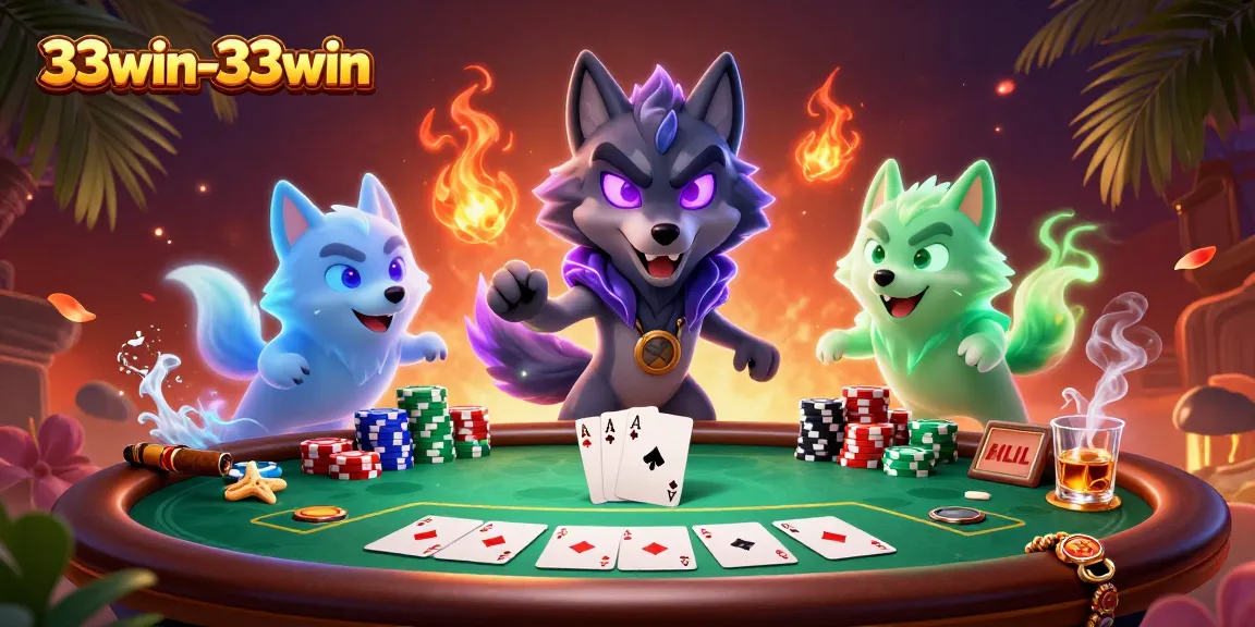 Engage with 33win-33win's thrilling poker world featuring animated wolves and vibrant casino elements.