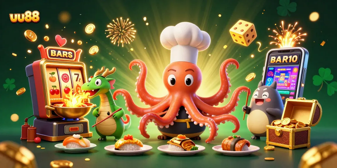 Engage with uu88’s thrilling slots as a sushi chef octopus prepares golden dishes alongside a dragon.