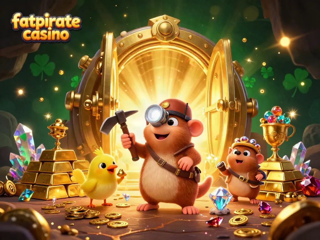 Join the adventure at fatpirate casino with treasure hunting characters amidst sparkling gold and jewels.