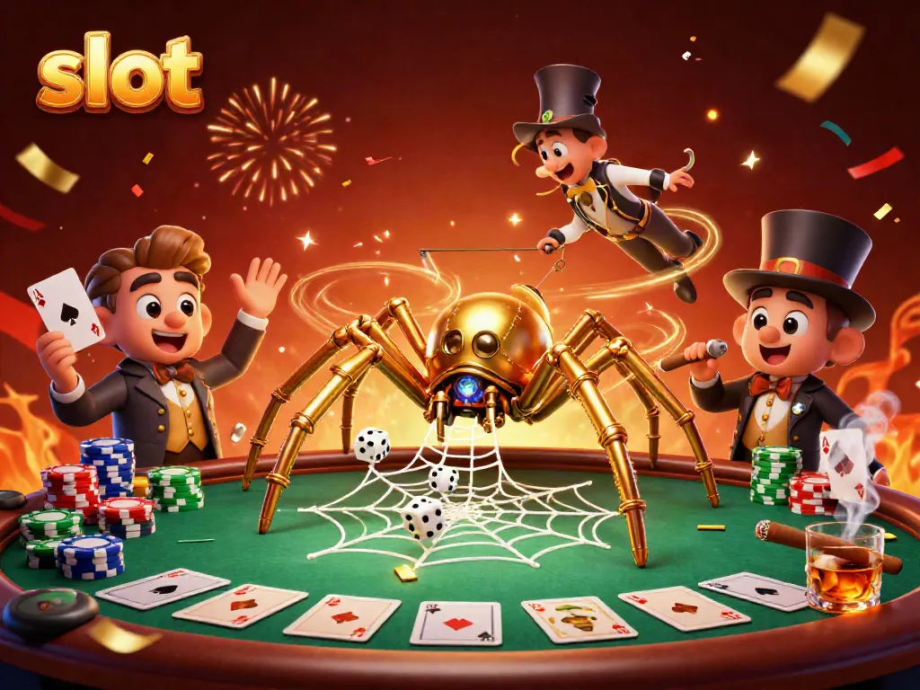 Catch big wins on slots with a captivating steampunk spider web illustration of dice and cards.