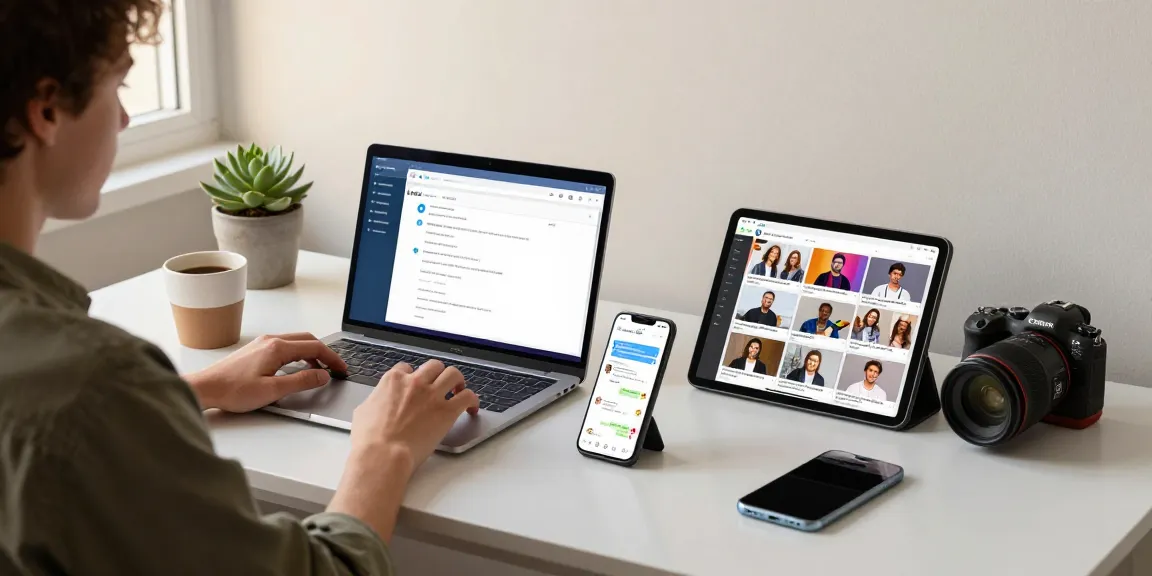 Download Telegram interface on multiple devices in a modern workspace setup