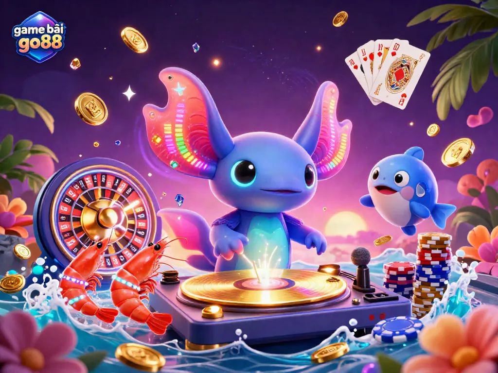 Engage in game bài go88 with a vibrant underwater party featuring a DJ axolotl and treasure-filled casino elements.