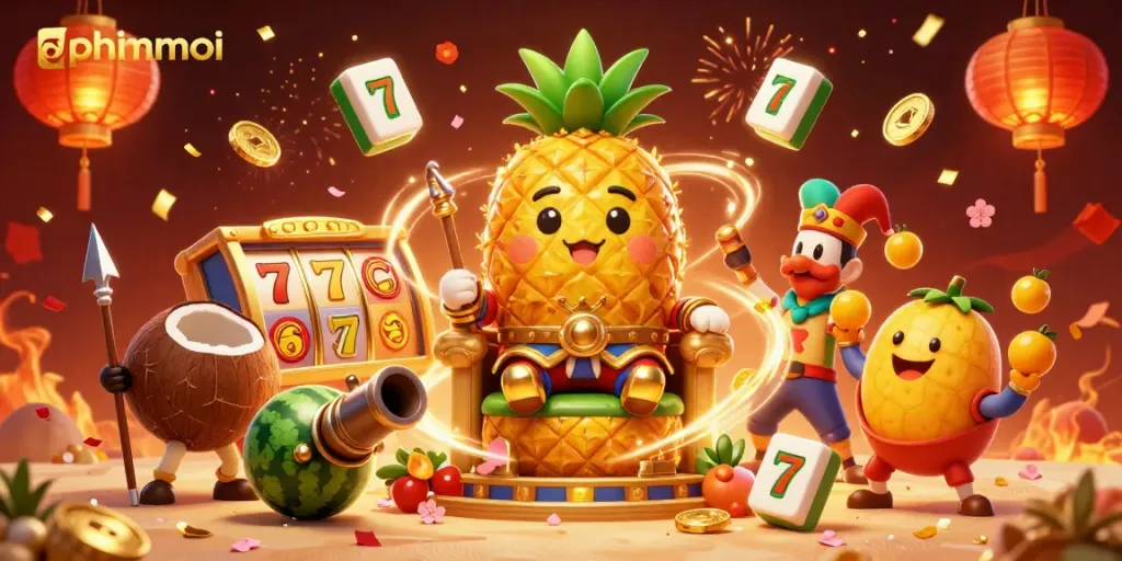 Win big with phimmoi's lively casino scene featuring a royal pineapple king and vibrant games.