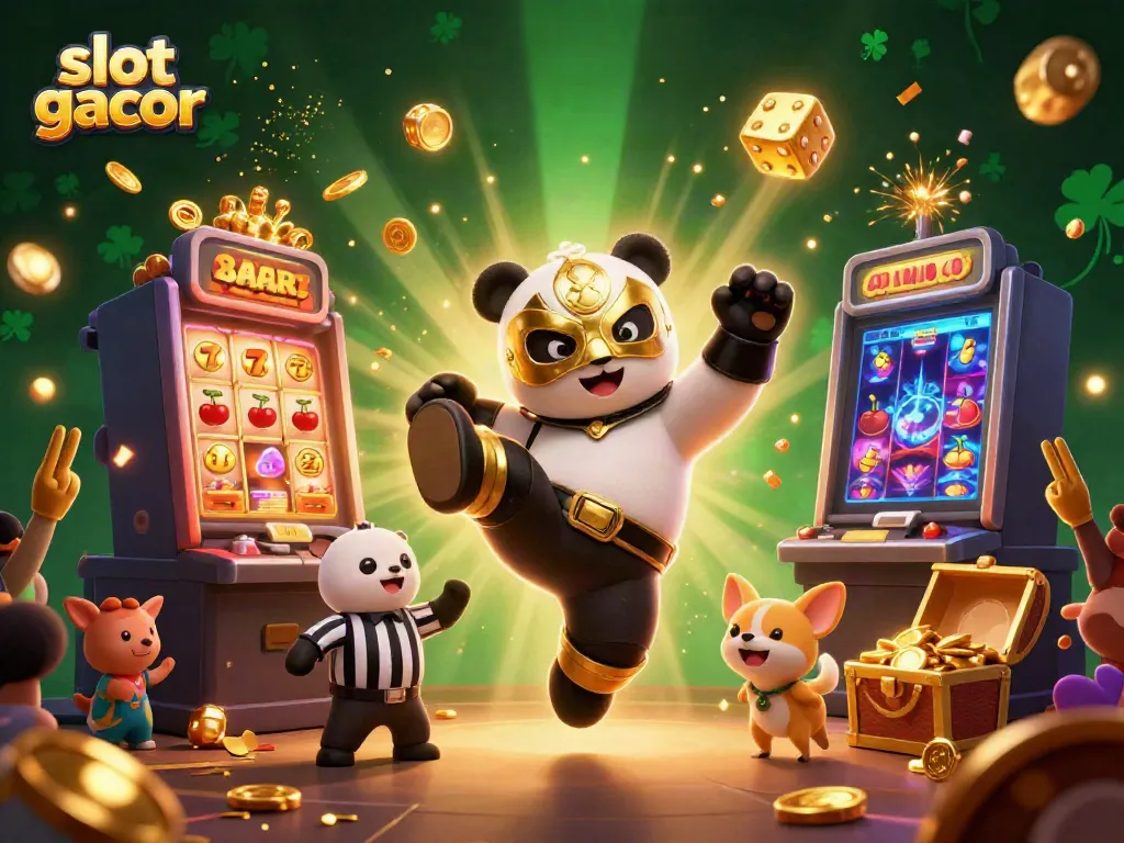 Experience slot gacor with an energetic panda wrestler, jackpot explosion, and animal fans in a vibrant casino scene.