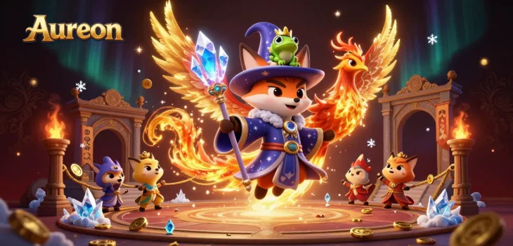 Aureon captivates players with a vibrant 3D magical casino scene featuring a wizard fox, phoenix, and enchanted frog.