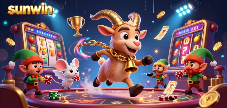 Experience exciting gameplay at Sunwin with vibrant casino elements and friendly characters in a festive setting.