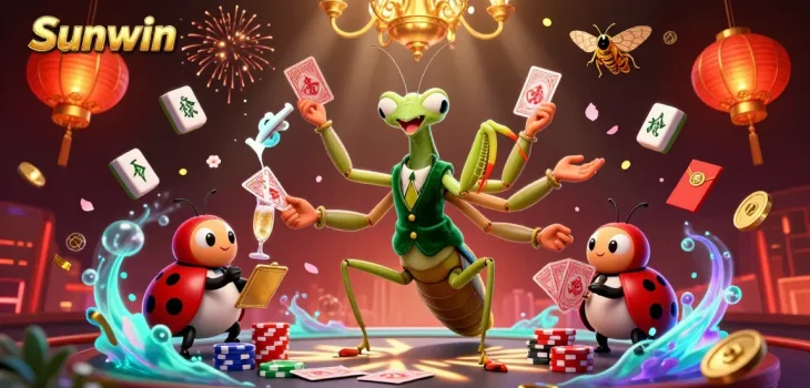 Play and win at Sunwin with a vibrant 3D casino scene featuring exciting characters and decorations.