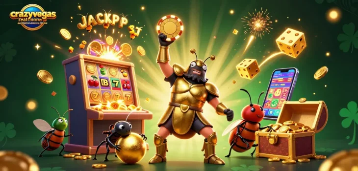 Experience the excitement of crazyvegas real money australian online pokies with a dynamic jackpot scene featuring colorful characters and game elements.