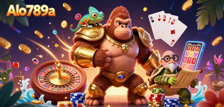 Alo 789a showcases thrilling gambling action with a powerful gorilla, a chameleon spy, and a wise tortoise amidst vibrant casino elements.